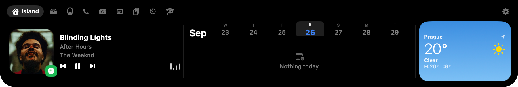 Island: now playing, calendar, weather